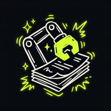 Doodle robot arm sorting documents with a lime claw — back-office workers