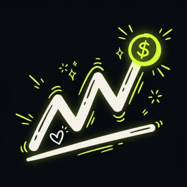 Doodle chart rising past a heart to a lime coin — revenue over likes