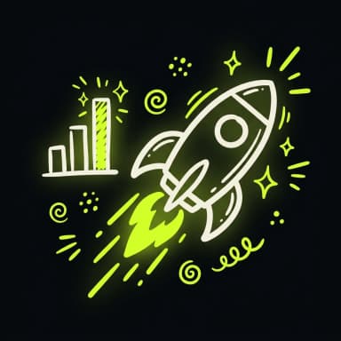 Doodle of a rocket launching on a lime flame beside a rising chart — start growing