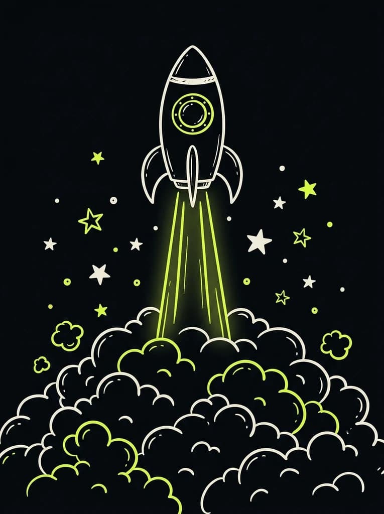 Doodle of a single rocket lifting off on a lime flame — a business ready to launch